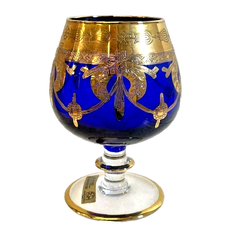 Vintage Brandy Cordial Cognac Snifter Cobalt Blue Glass Gold Accents