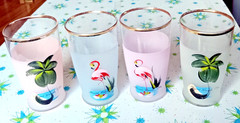 Set of 4 MCM Bartlett Collins Flamingo Palm Tree Florida Frosted Glasses Bar Vtg
