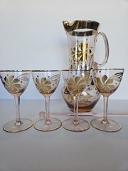 ✨ MCM Bohemian Czech Blush Glass Gold Enamel Cordial Set Pitcher + 4 🍸