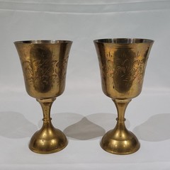Vintage Set of 2 Brass Wine Goblet Chalice Etched Floral Design Made in India