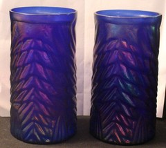 John Cook Cobalt Iridescent Art Glass Pair of Koi Fish 5 1/2″ Tumblers