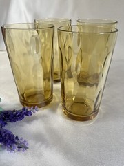 Hazel Atlas LYRIC Gold Tumblers Set Of 4 Vintage 6”T 14 Fl Oz Oval Raindrops