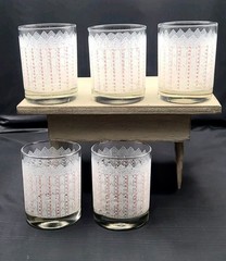 Rare Vintage Libbey? Rocks or Juice Glasses White Lace Pink Flowers Set 5