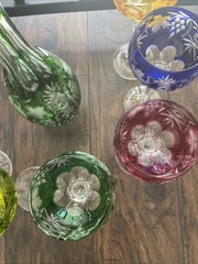8 Bohemian Crystal 8” Stems Cut to Clear Wine Multicolored Vintage + Decanter