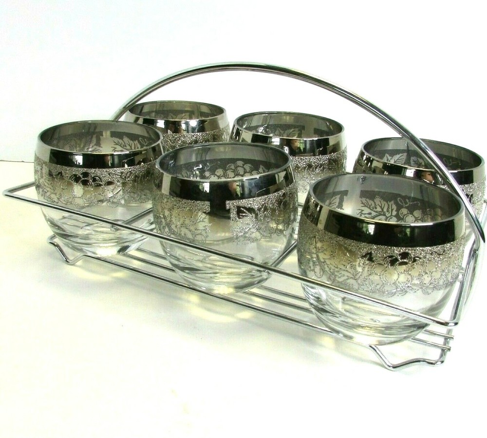 6 Vintage Silver Fade ROLY POLY Glasses Rocks Lowball Caddy Barware Thorpe?