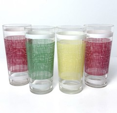 Vtg Federal Glass Tumbler Burlap Basket Weave Stripe Set 4 Highball Glasses MCM