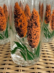 Vintage 70’s Set of 7 Drinking Glasses Painted Orange Cattails Retro MOD
