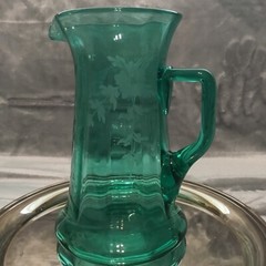 Rare Teal Antique Uranium Signed Hawkes 9” Lemonade Pitcher &3 Tumblers Etched