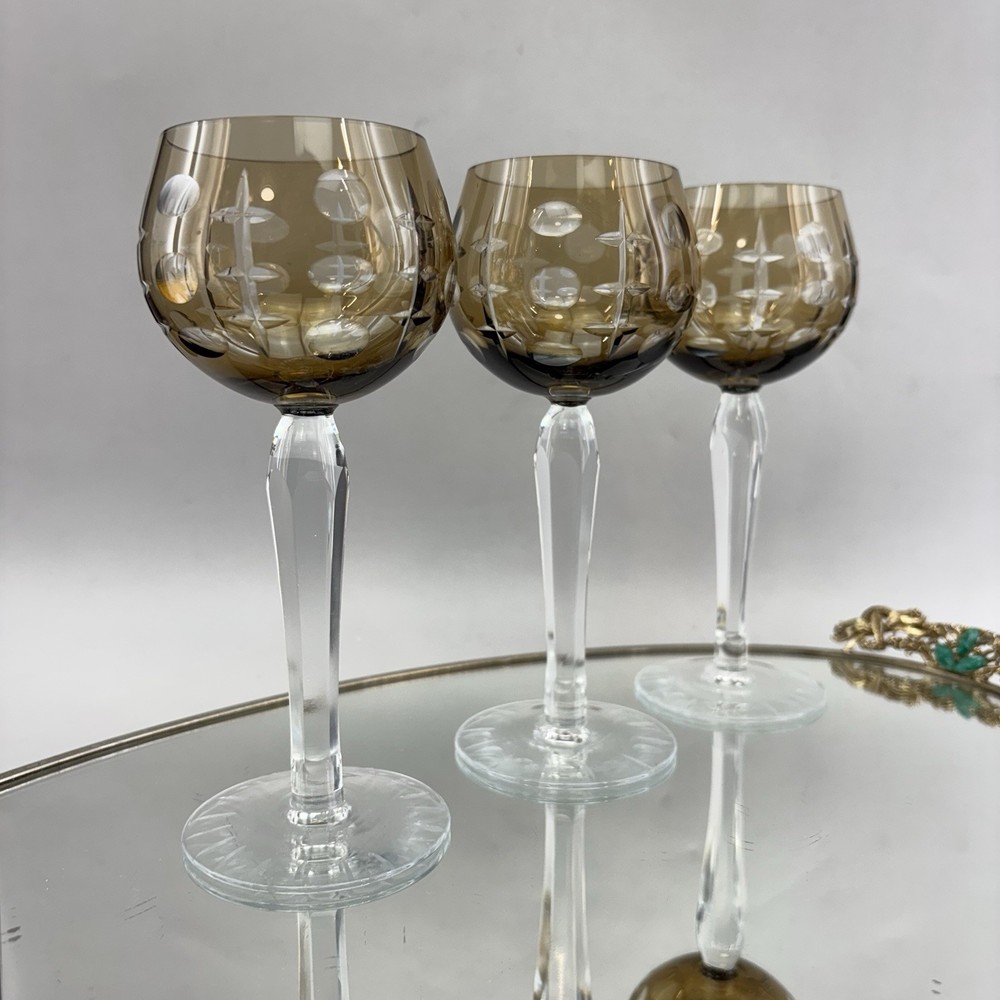 Set/3 Cut To Clear Smoke Bohemian Crystal Hock Wine Glasses 7.25” Mint Amber