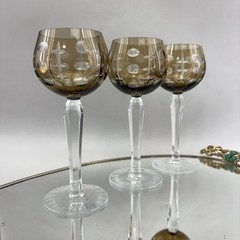 Set/3 Cut To Clear Smoke Bohemian Crystal Hock Wine Glasses 7.25” Mint Amber