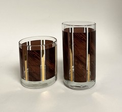 10 ct Vintage Libbey Wood Grain Gold Stripe Tumblers & Old Fashion Rocks Glasses