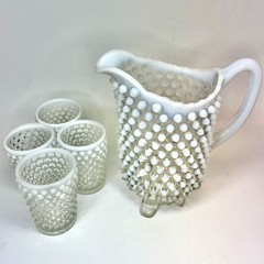 Tea Water Picture Cup Set Blue Opalescent Moonstone Hobnail Anchor Hocking Glass