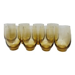 8 MCM Amber Bar Glasses Libbey Roly Poly Juice Wine Goblet Vtg Footed Highball