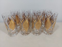 Pasinski Glasses Mid Century 22 Karat Gold Frosted Embellished Set of 8 Used