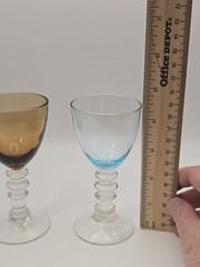 Vintage Set 2 Hand Blown Circle Stem Cordial Glasses Amber/ Blue