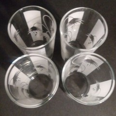 FOUR! Swanky Swigs Juice Glasses 3 3/8″ tall 2″ diam white Thistle Floral Panels