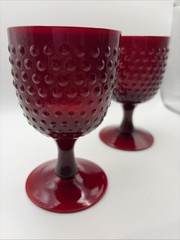 Vintage Ruby Red Hobnail Glass Goblets Set of 2 Pedestal Wine Water Glasses