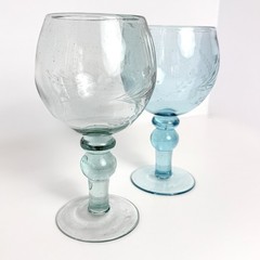 Vintage 2 Hand Blown Wine Water Schooner Goblets Teal Blue Etched Wheat His/Hers