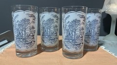 Currier & Ives Blue House Royal USA Stencil White Decal Drinking Glasses set of