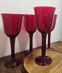 Set of 4 Ruby Red Hand Blown Wine Goblets Mid-century Stemware 8 1/2 Inches Tall
