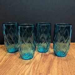 1960’s Anchor Hocking Madrid Aqua Blue Quilted Diamond Drinking Glasses Set of 4