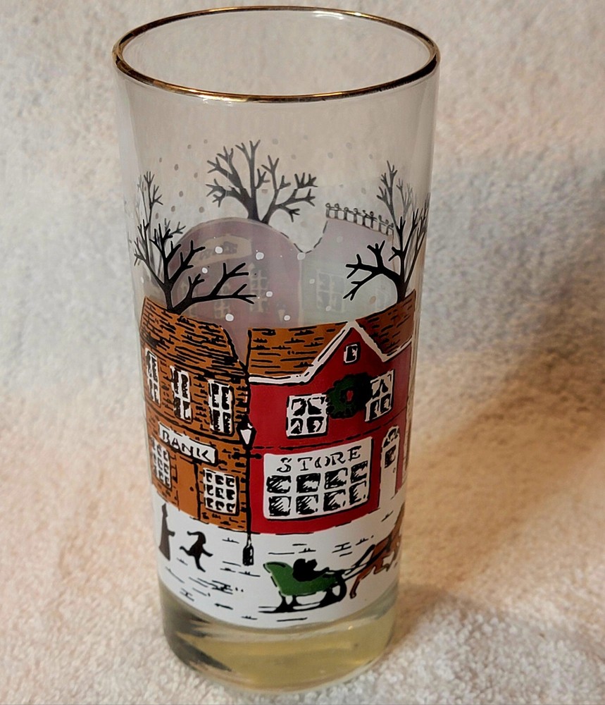 Vintage Libbey Christmas Village Glass w/ Gold Rim Winter Scene Horse Sleigh