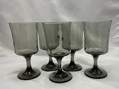 Libbey Smoke Gray Optic Swirl Water Goblets Set 5 Wine Glass Vintage MCM 1970s