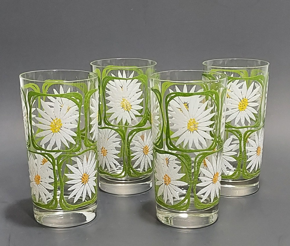 4 Vintage Libbey Glass Green Square White Daisy Yellow Drinking Glasses 1970s
