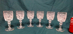 ANTIQUE PRESSED CLEAR GLASS ETCHED CHERRIES STEMWARE 6 PC, 6-1/8″ 5 OZ, MINT