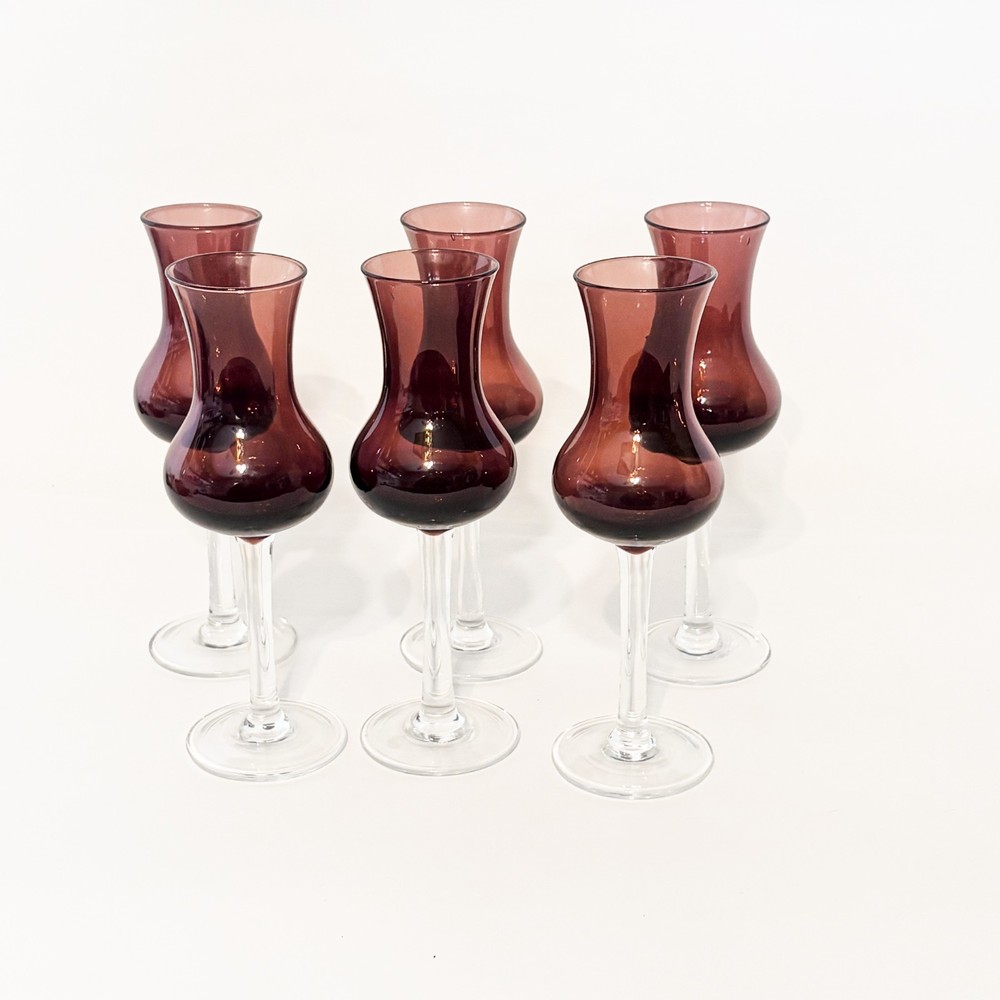 Vintage Set of 6 Amethyst Grappa Purple Stemmed Cordial Aperitif Glasses 6.5″ h