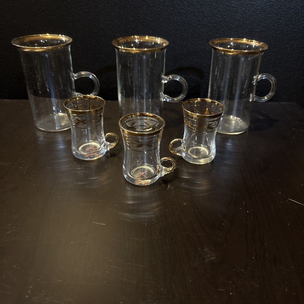 Vintage MCM Irish Coffee/ Espresso Gold Trim Etched Glasses Set Of 6 1950’s Rare