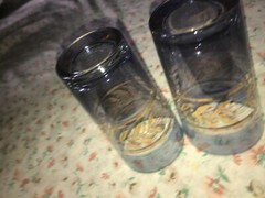 2 VTG Blue Purple Glass Tumbler 5″ 11 oz Gold Band Leaf Berry Trim Mid Century
