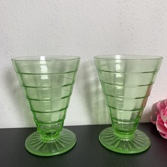 Anchor Hocking Block Optic Uranium Green Depression Glass Footed Tumblers