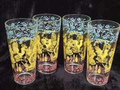 4 Vtg Hazel Atlas KITCHEN AIDS Blue Yellow Pink 6.5″ High Ball TUMBLERS 16 Oz