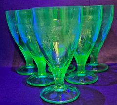 Set of 6- Fostoria Co, Versailles Pattern, Uranium Glass ice Tea Goblets, 1930s