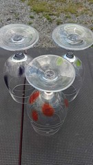 Set of 3 Frosted Swirl Stemmed Wine Glasses Red Green Blue Dot Accent