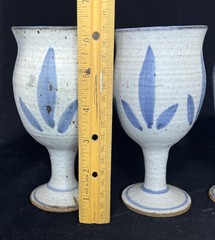 Stoneware Pottery Goblets Wine Glasses Blue And White Set of Four 6.25” Vintage