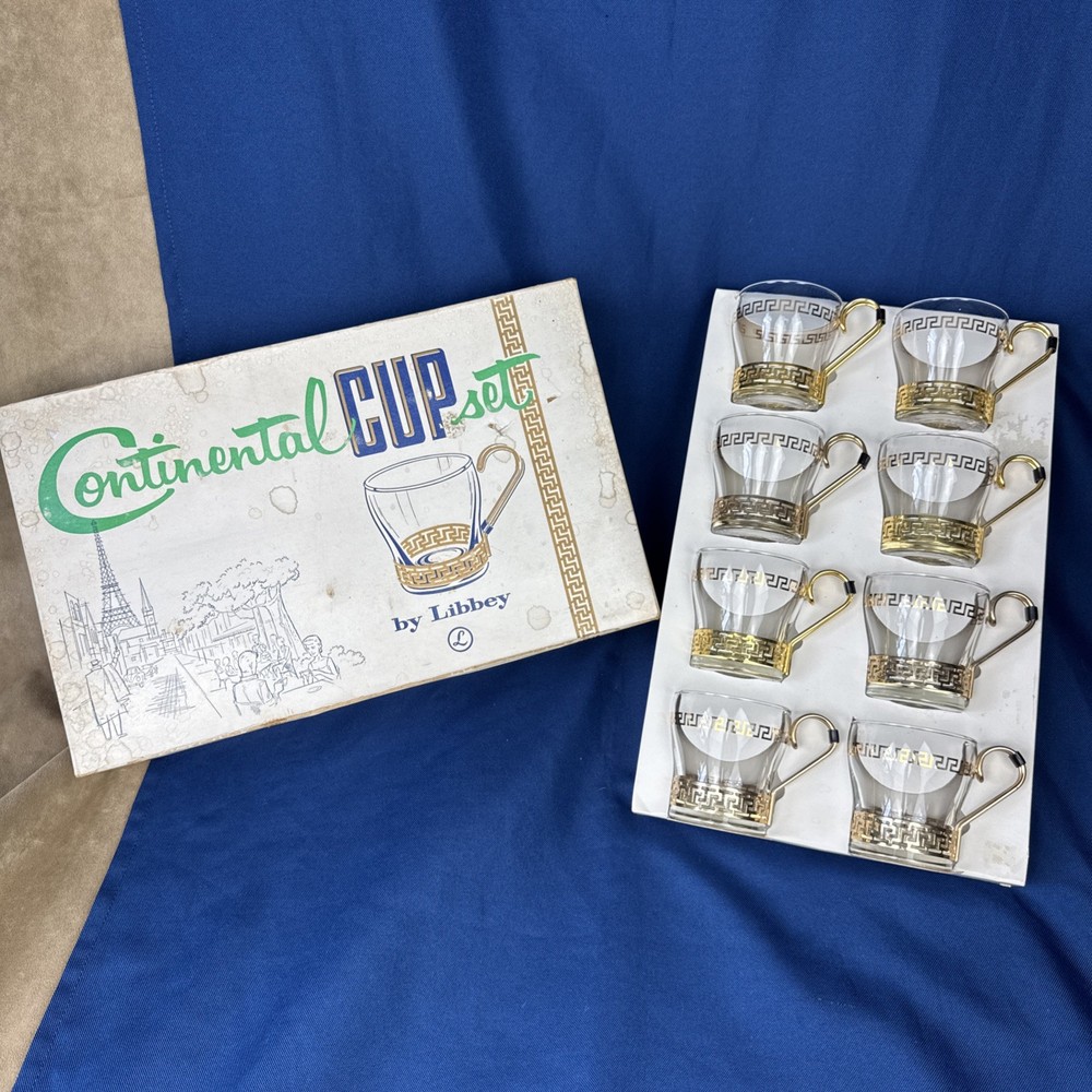 Greek Key Continental Cup Set of 8 by Libbey MCM 60s Art Deco Gold Metal Mugs