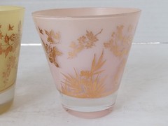 WILLIAM MEIER Half Rocks Glasses 2 Frosted PINK YELLOW Cocktail Glass SIGNED