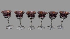 Set Of 6 Farber Bros Chrome & Amethyst Art Glass MCM Art Deco Cocktail Glasses
