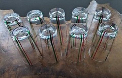 Vintage Clear Drinking Glasses With Green Red Stripes Hand Blown Set Of 9