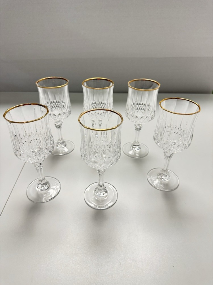 Cristal D Arques Longchamp Gold Rim Crystal Wine Glasses 6 1/2″ Set of 6 France