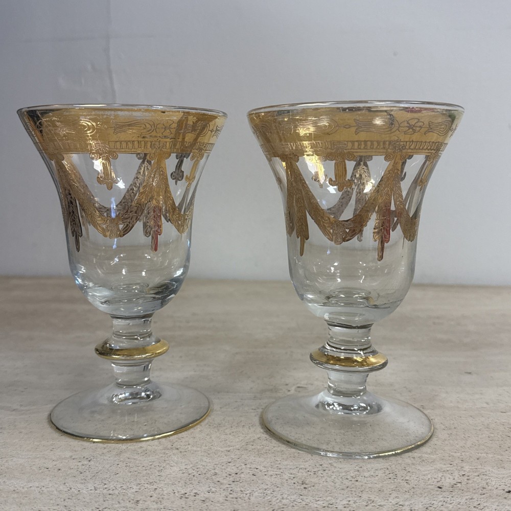 Interglass Italy Set of 2 24k Gold Water Goblet Glasses 6.5”