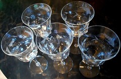 Vintage WESTON Set 5 WATER WINE GOBLET GLASSES Hand Etched OPTIC PANEL 7.5″