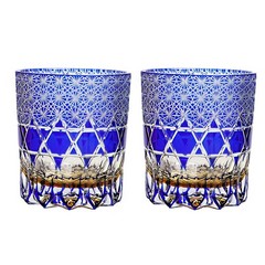 A set of 2pcs Hand Cut Blue 9oz Edo Kiriko Crystal Whiskey Glasses Gift Packing