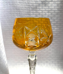 LAUSITZER WINE GLASS CASED GOLD ORANGE CUT TO CLEAR CRYSTAL BOHEMIAN E. GERMAN