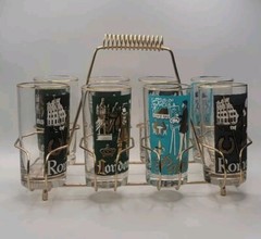 Vtg Libbey International Cities of The World S/8 Highball Glasses w/ Carrier