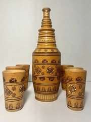 Handcrafted Ukrainian Wood Decanter Set Burned Design (pyrography) With 6 Cups