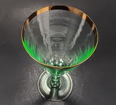 Stephen Smyers Neopolitan Wine Goblet Glass Green Gold Rim Signed VTG