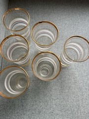 6 Vtg 50s Graniteware Highball Cocktail Glass Tumbler Red White Blue Gold 6” MCM